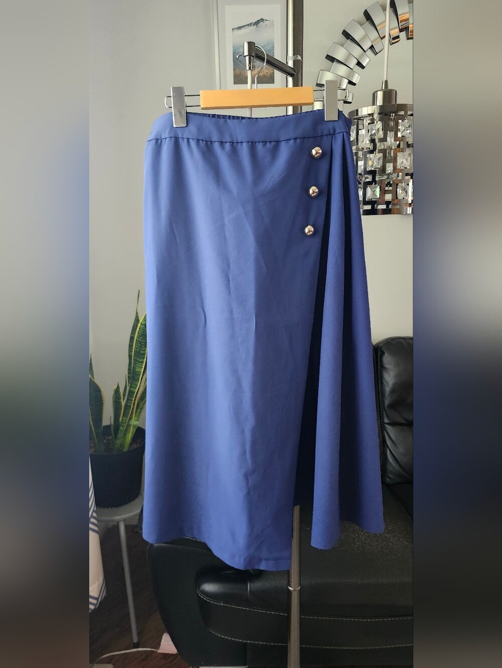 Women's Navy Blue Button-Accent Wrap Midi Skirt